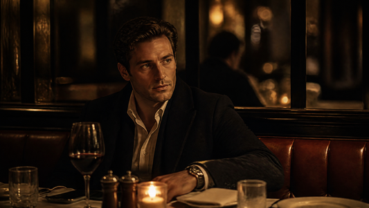 Parfum homme pour rendez-vous — homme élégant dans un restaurant feutré, ambiance bougies