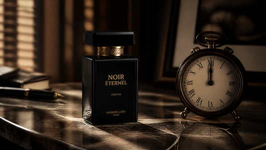 Parfum qui dure 12 heures — flacon noir premium et horloge analogique sur marbre